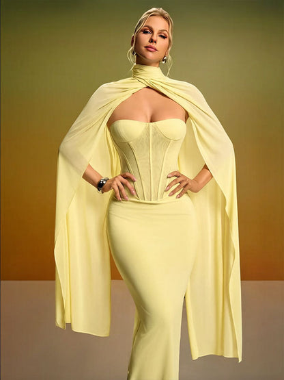 yellow strapless backless  fishbone dress