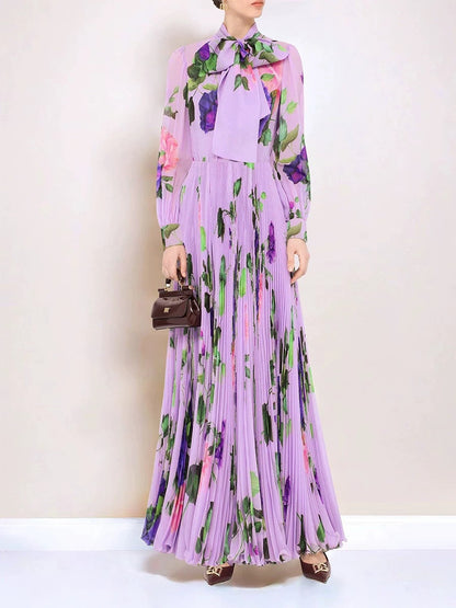 Purple floral print long-sleeved pleated maxi dress