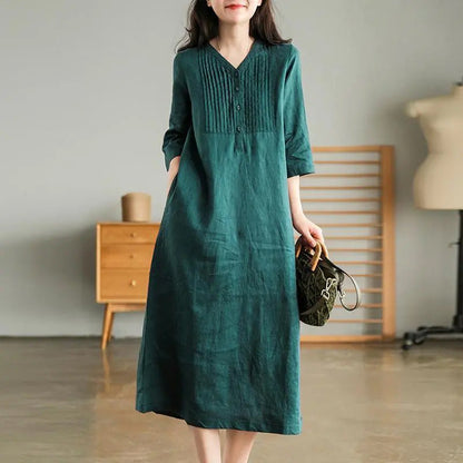 Country-style V-neck patchwork midi dress