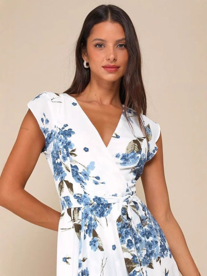 short sleeve V-neck print irregular maxi dress