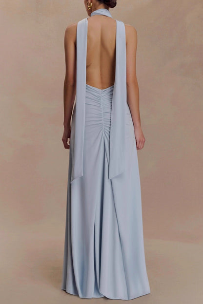 deep V-neck streamer halterneck  pleated open back dress