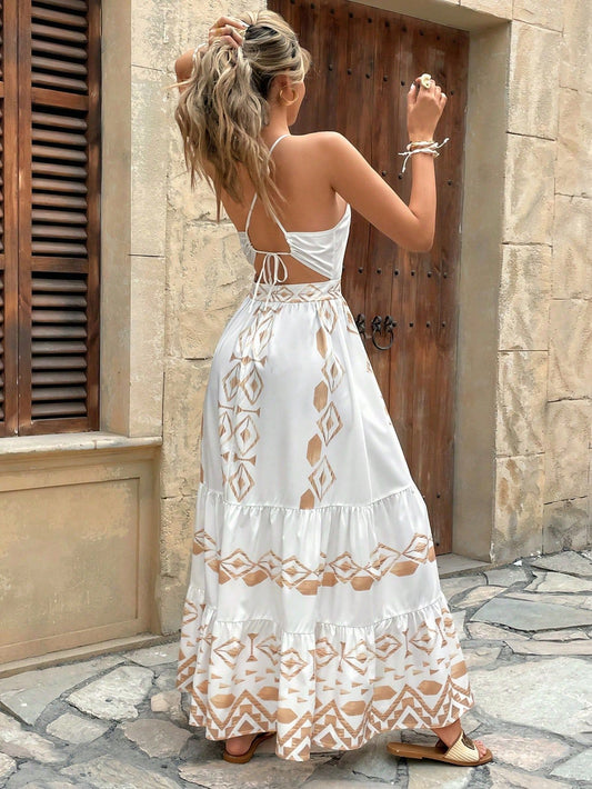 Embroidered Print Spaghetti Strap maxi Dress