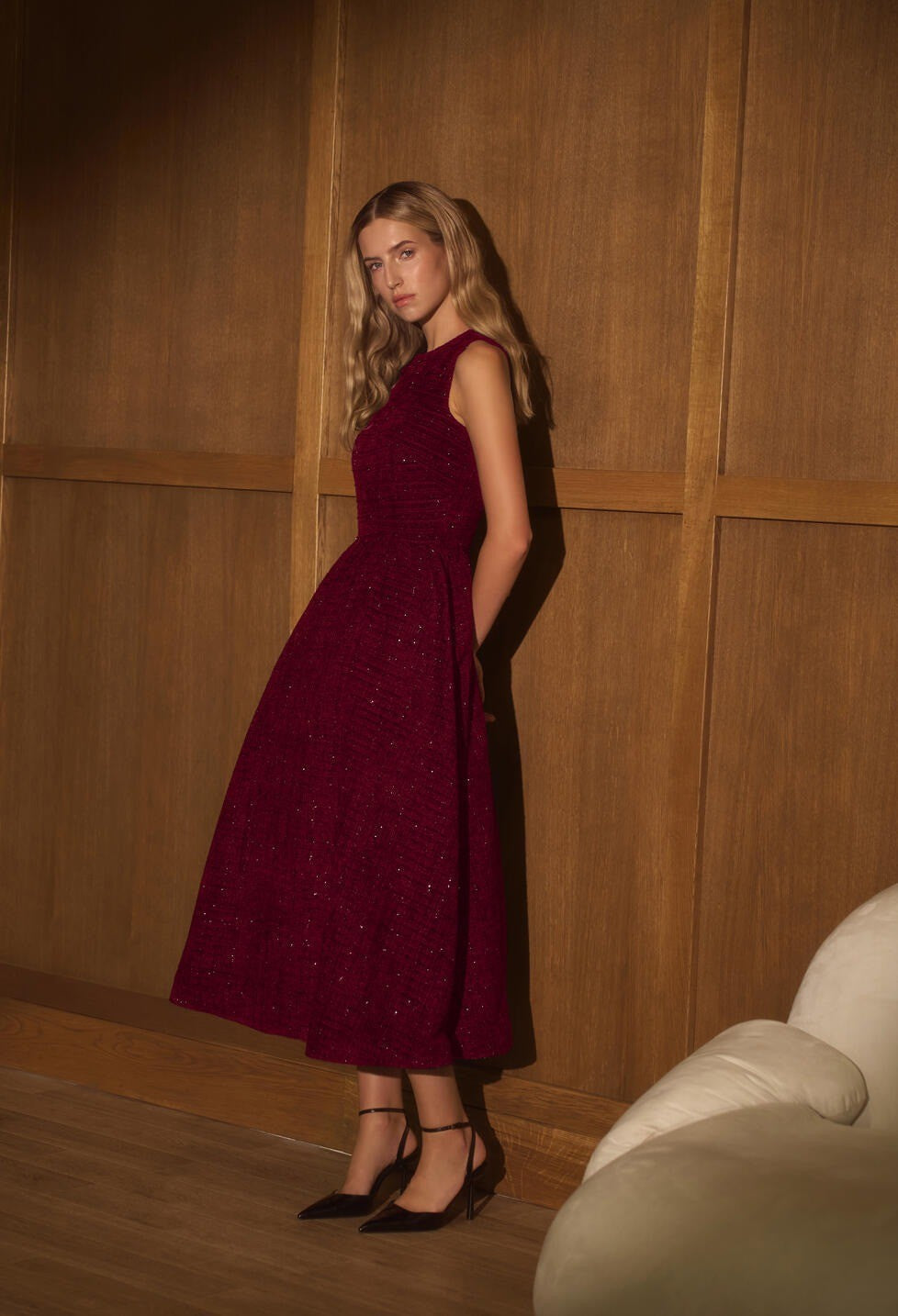 red wine sleeveless A-line maxi dress