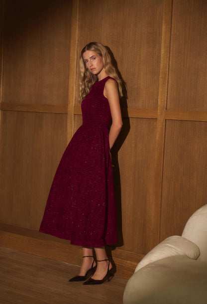 red wine sleeveless A-line maxi dress