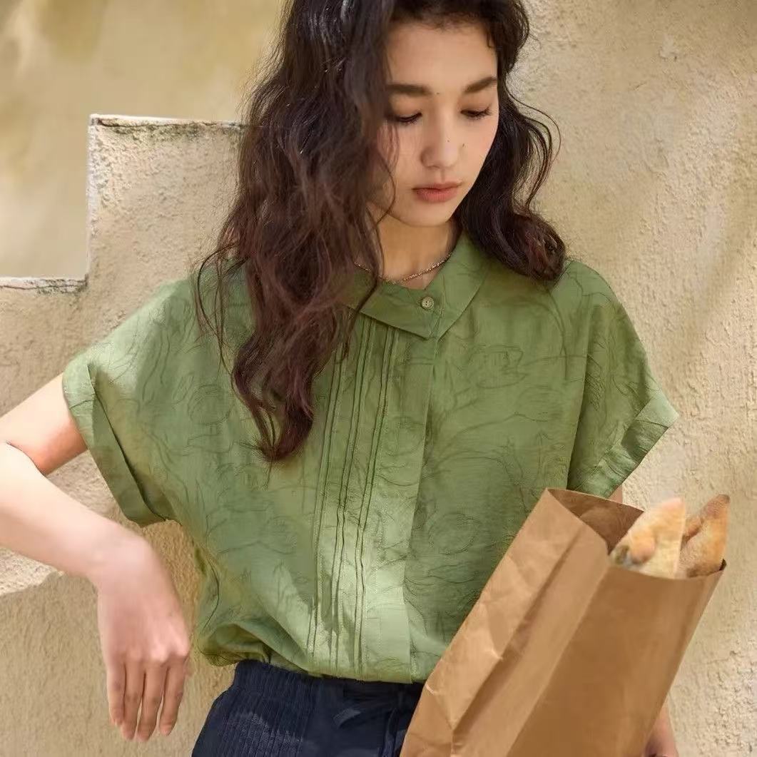 Linen jacquard asymmetrical collared shirt for summer