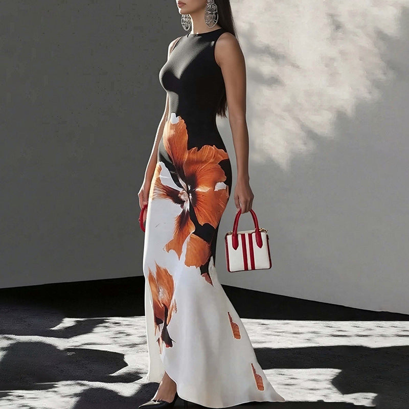 black floral print slim hip wrapping dress
