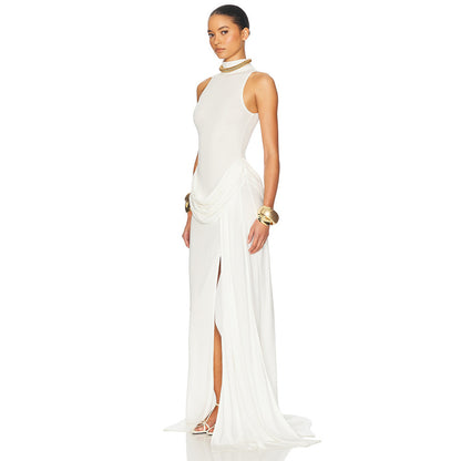 white high slit sleeveless pleated dress