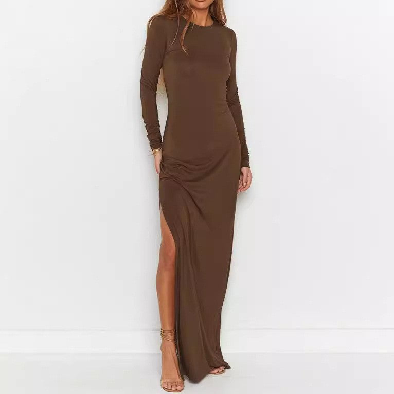Round neck long sleeve hollowed-out backless bodycon maxi dress