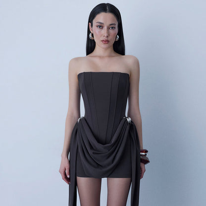 black open back bandeau streamer mini dress