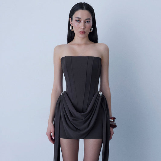 black open back bandeau streamer mini dress