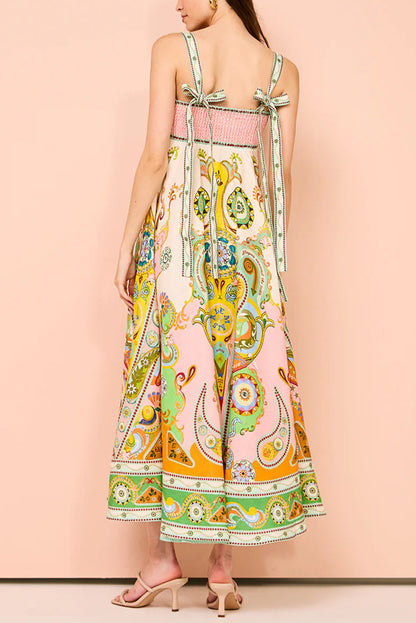 Spaghetti strap graffiti print sleeveless bow flared cotton linen dress