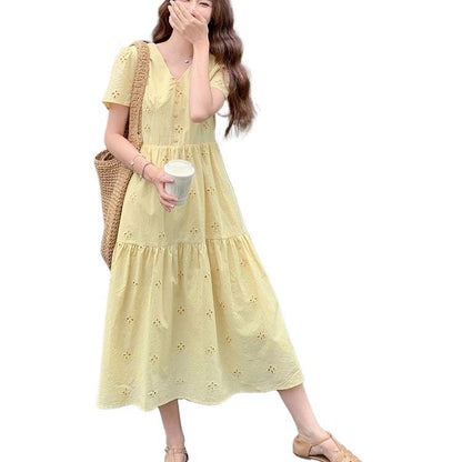 v-neck openwork floral embroidered midi dress - Yellow