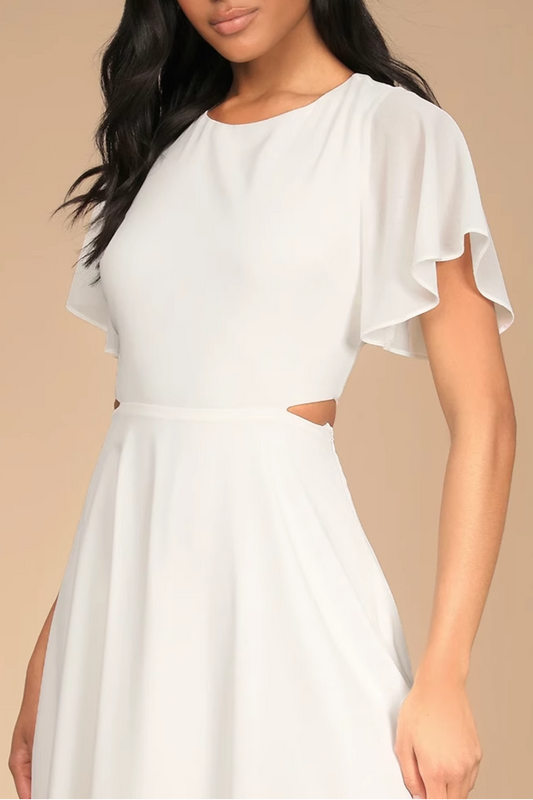 white butterfly sleeve chiffon waist open waist  mini dress