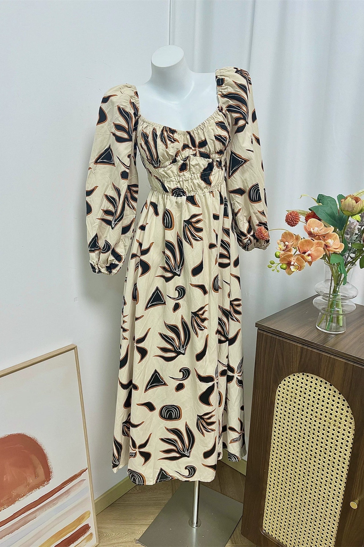 black square collar long sleeve dress