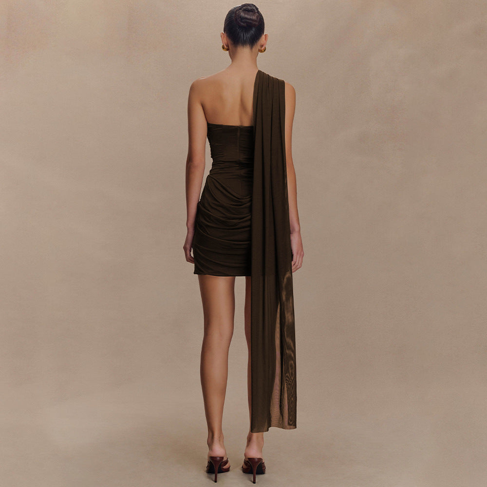 brown Bandeau Streamer Pleated mini Dress