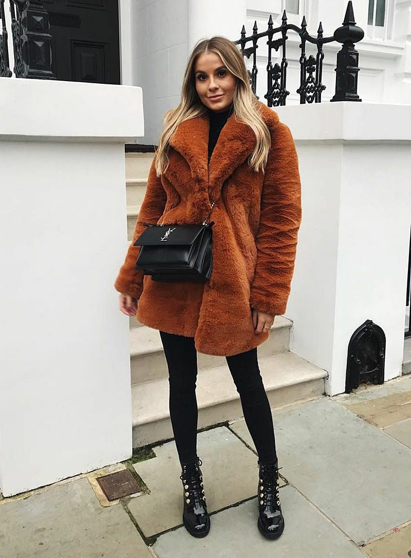 plus-size fur plush loose lapel midi coat