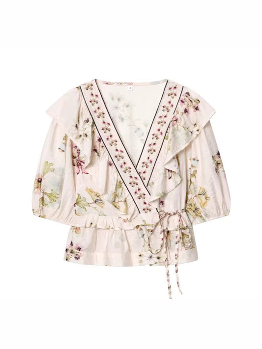 v-neck Linen blend floral shirt