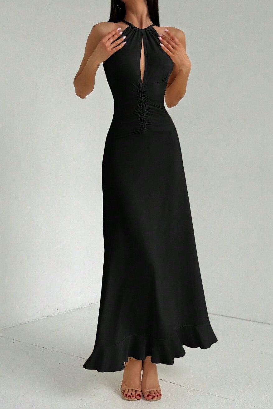 V-neck sleeveless halter maxi dress in black