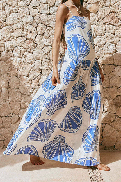 Linen print resort maxi dress - blue/white