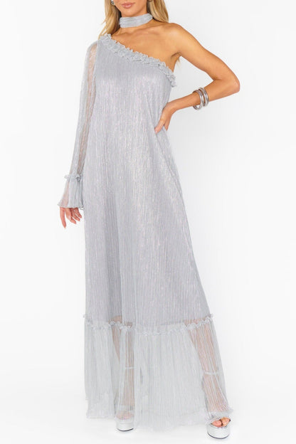 silver slanted shoulder streamer maxi dress
