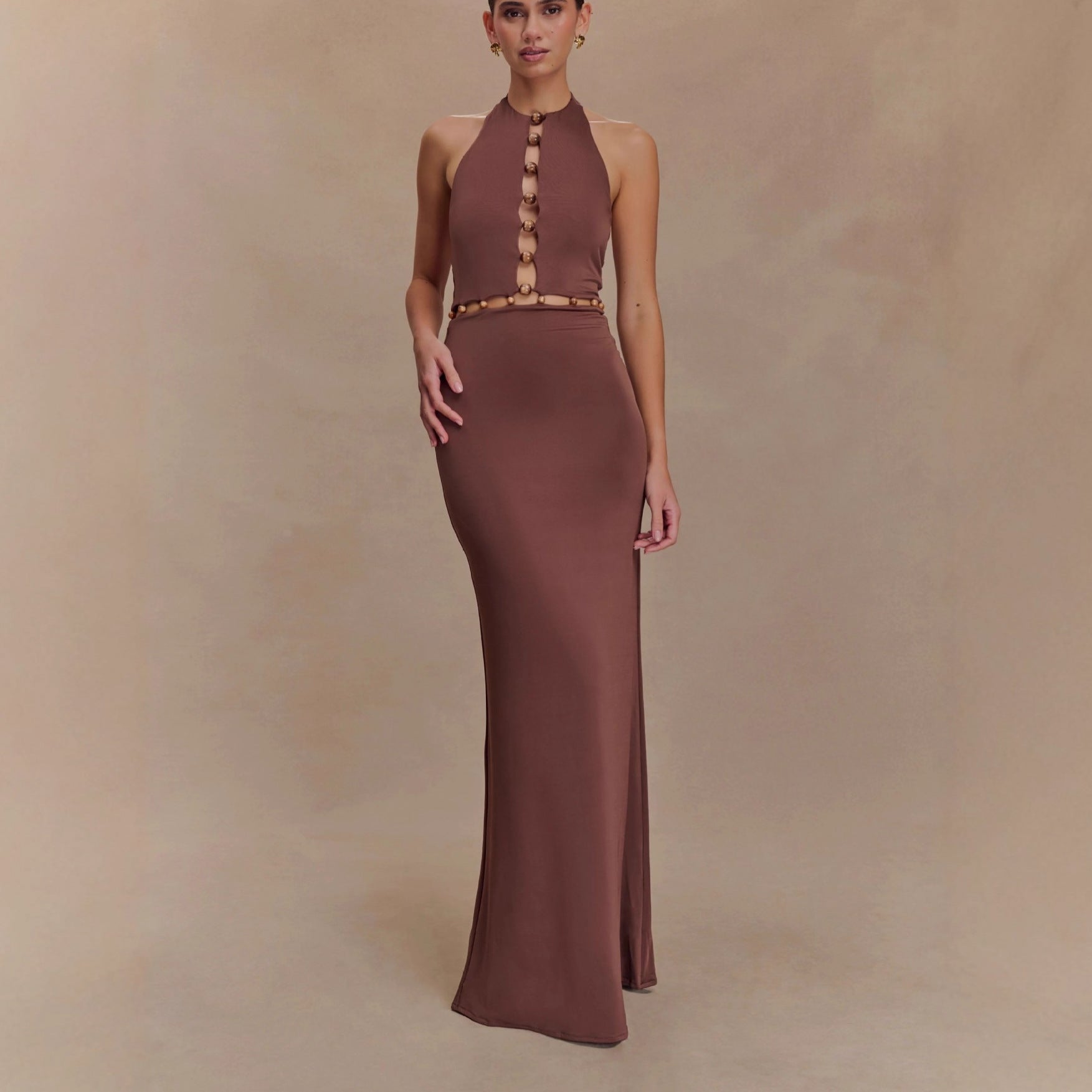 brown halterneck open back maxi dress