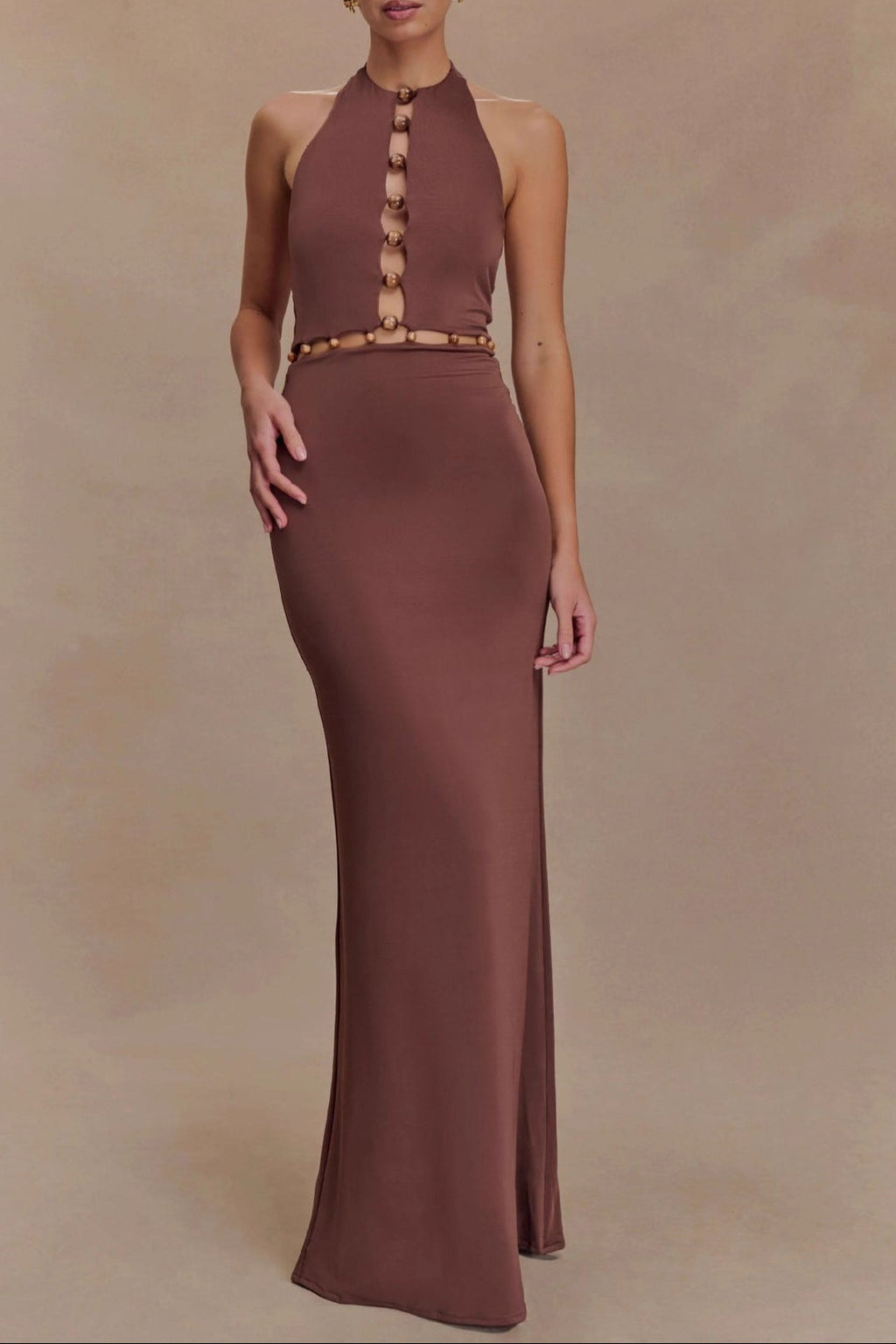 brown halterneck open back maxi dress