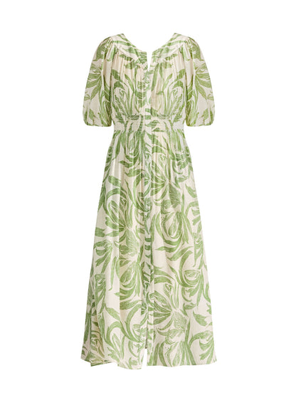 Green floral print midi dress with lantern sleeves
