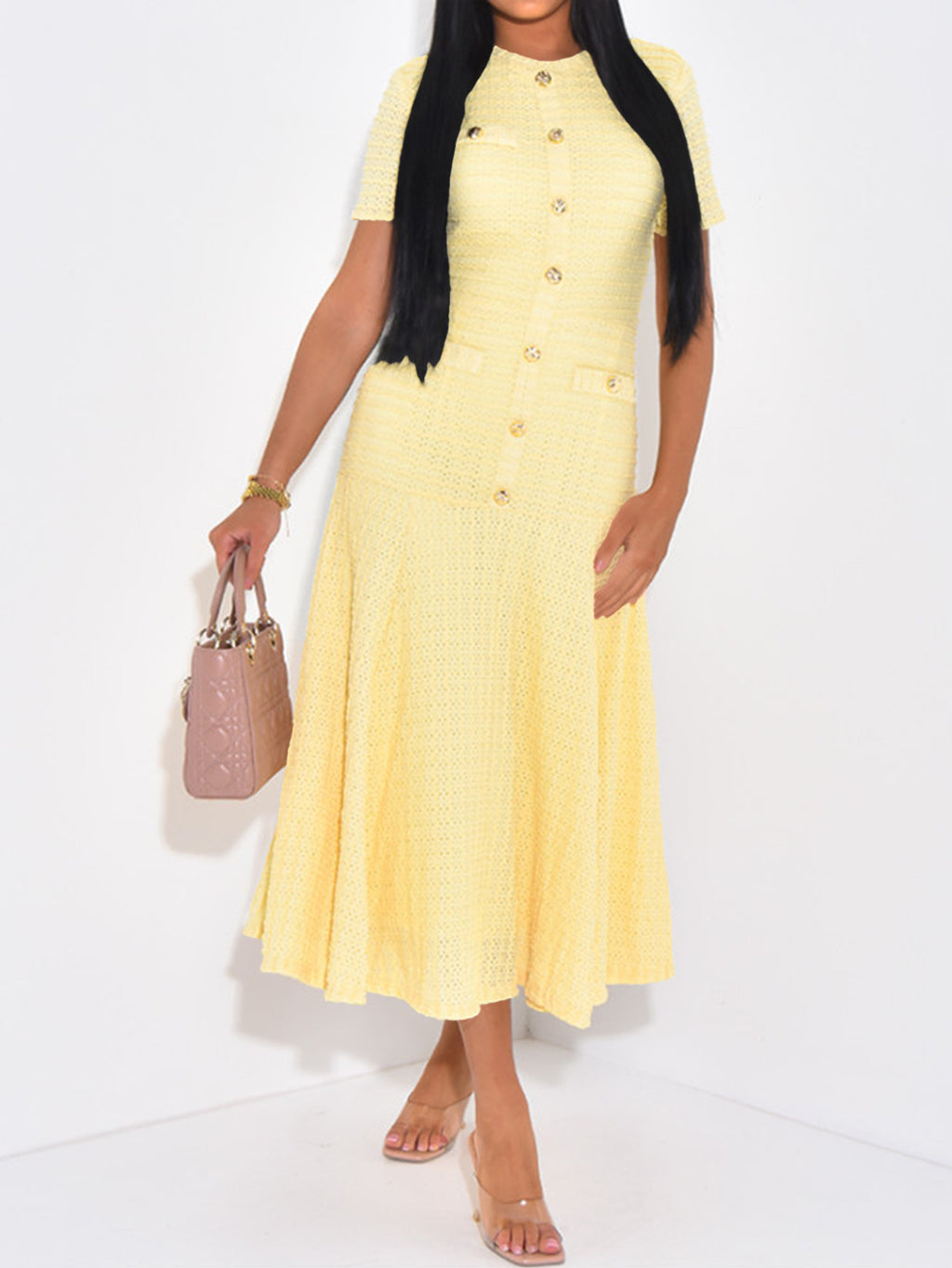 yellow buttons short sleeves maxi dress