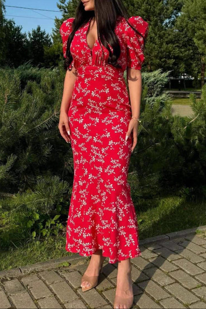 red puff sleeve floral dress