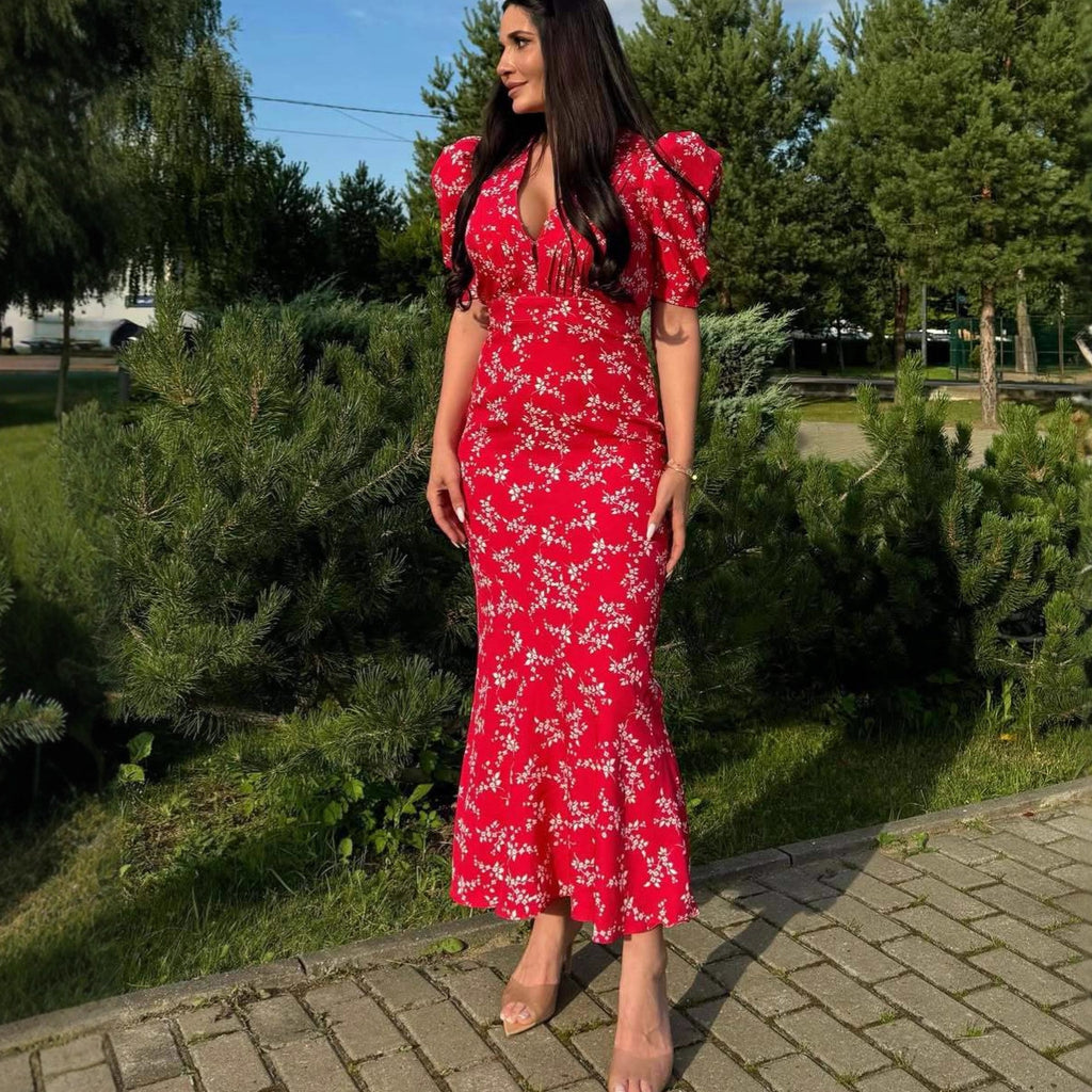 red Puff-sleeved floral print fitted dress