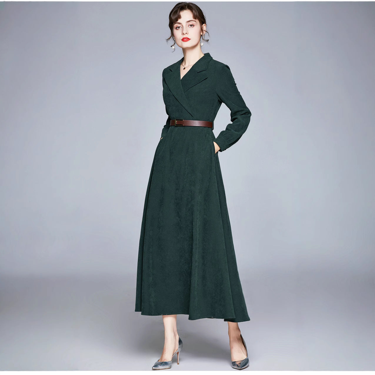 green Suit collar fitted waist maxi dress