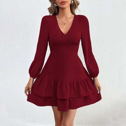 Backless tie-up ruffle long-sleeved dress in blue