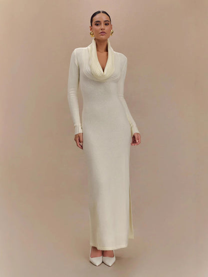 white drop-collar long-sleeved knitted dresses