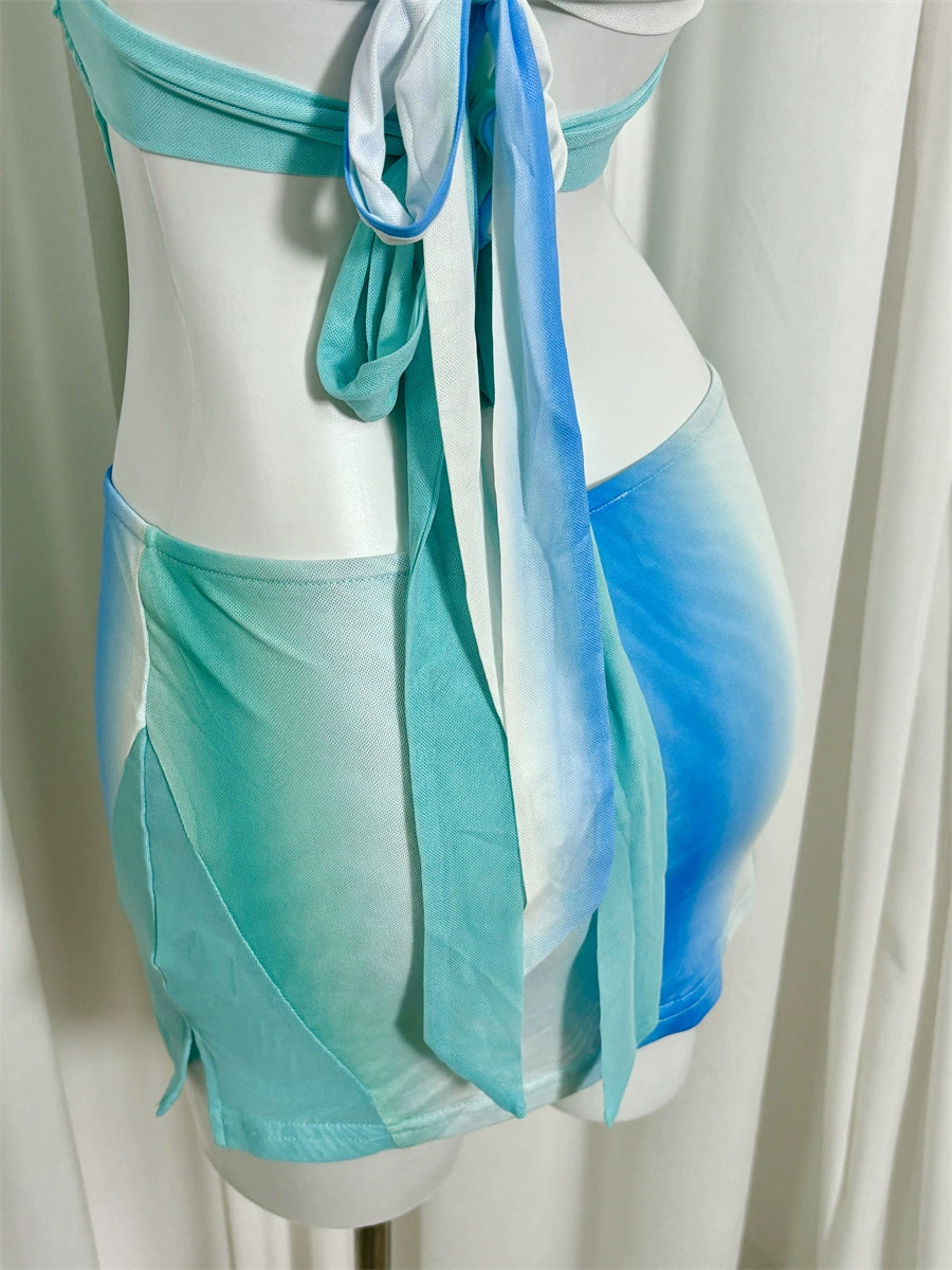 blue mesh bandeau two piecce set
