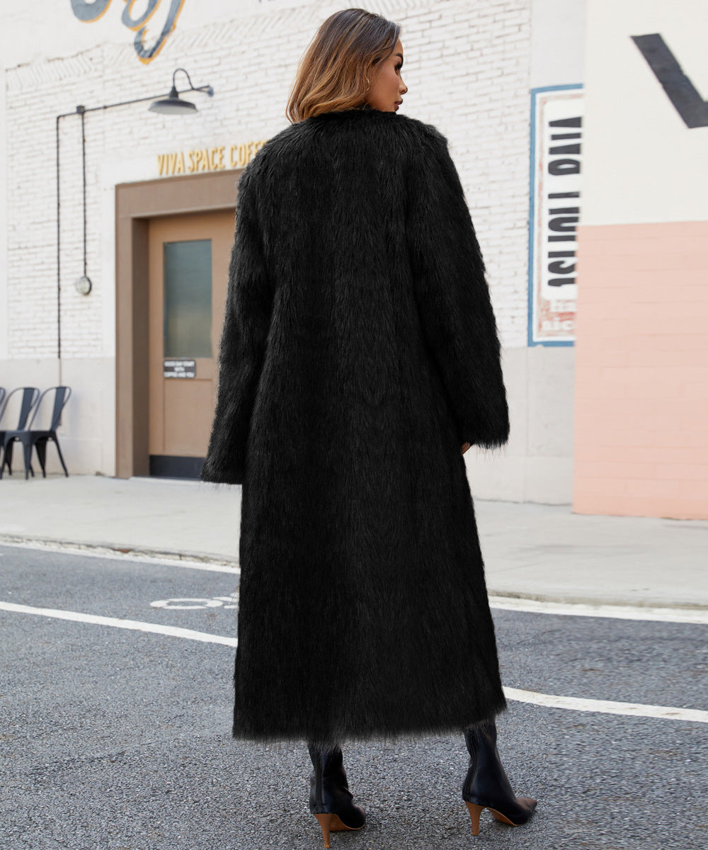 verna V-neck long imitation fur coat