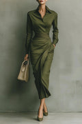 green Long Skirt Shirt Collar Long Sleeve Pocket maxi Dress