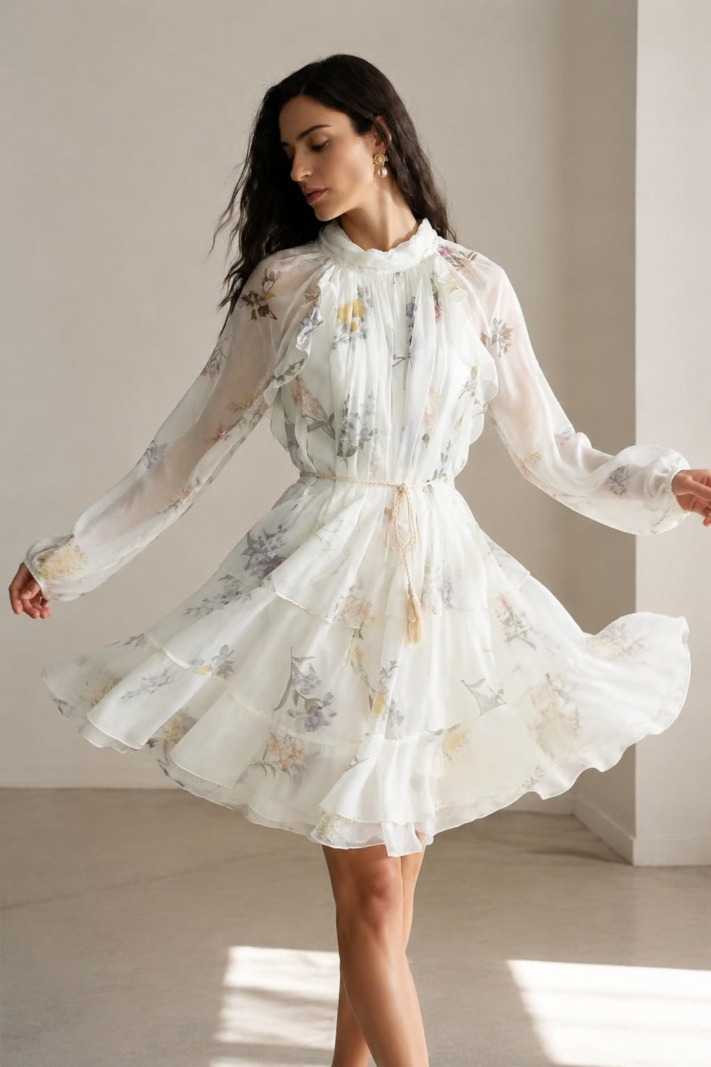 white Floral Chiffon Ruffled Tassel Belt Dress