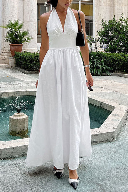 white Deep V-neck halter neck tie backless dress