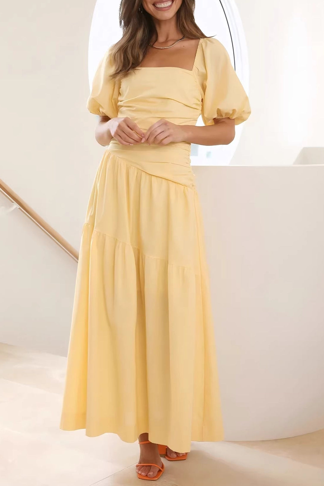 yellow puff sleeve maxi dress