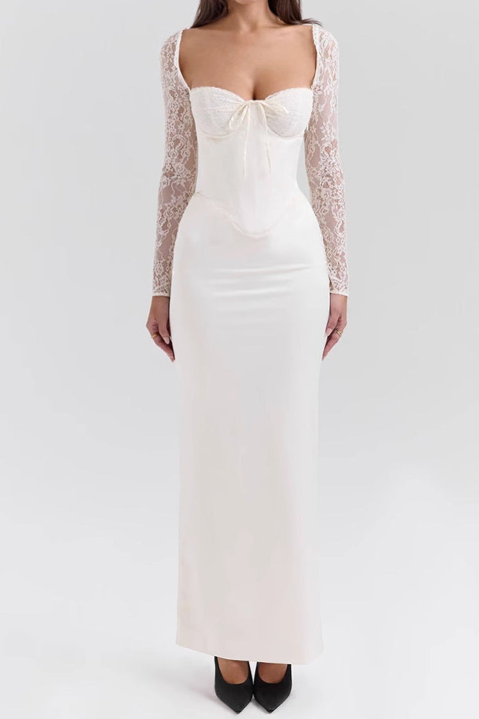 Bodycon lace long-sleeved slim-fit maxi dress - white