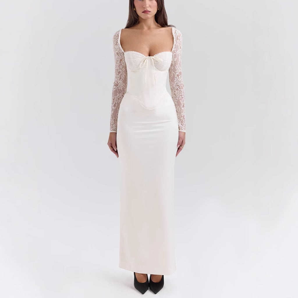 belle white Lace long-sleeved maxi dress