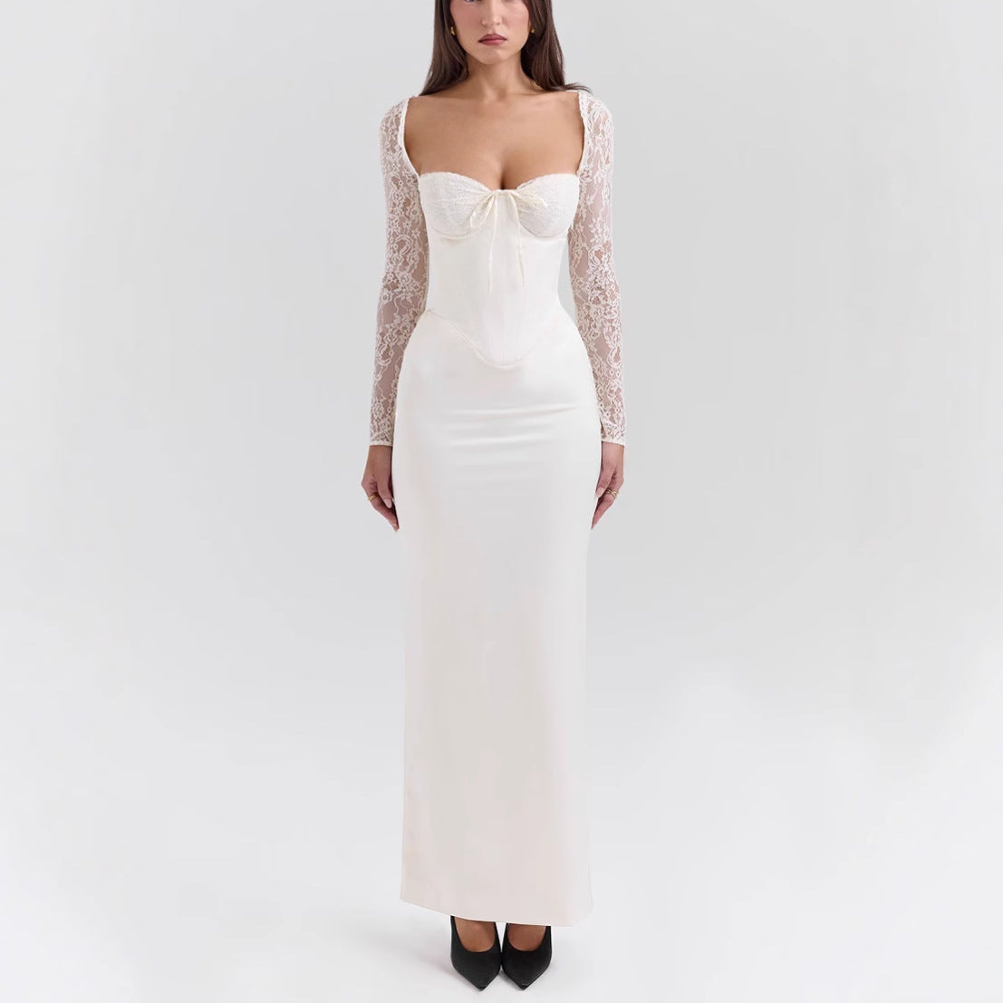 belle white Lace long-sleeved maxi dress