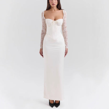 belle white Lace long-sleeved maxi dress