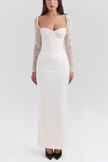 belle white Lace long-sleeved maxi dress