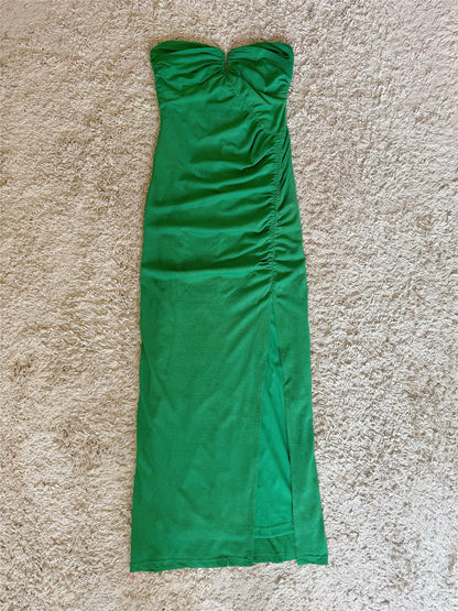 light-green stretch slit strapless long dress