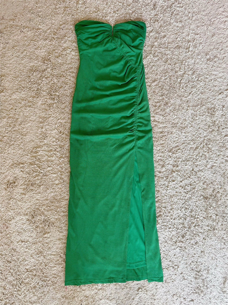 Strapless Front Keyhole Ruched Side Slit Midi Bodycon Dress