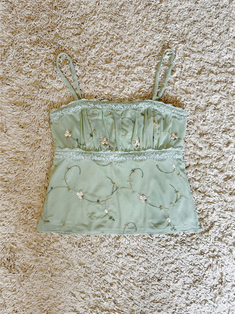 Floral Embroidery Lace Trim Mesh Cami Top