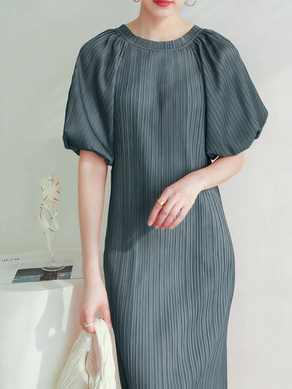 Pleated pastoral style bubble short-sleeved midi dress