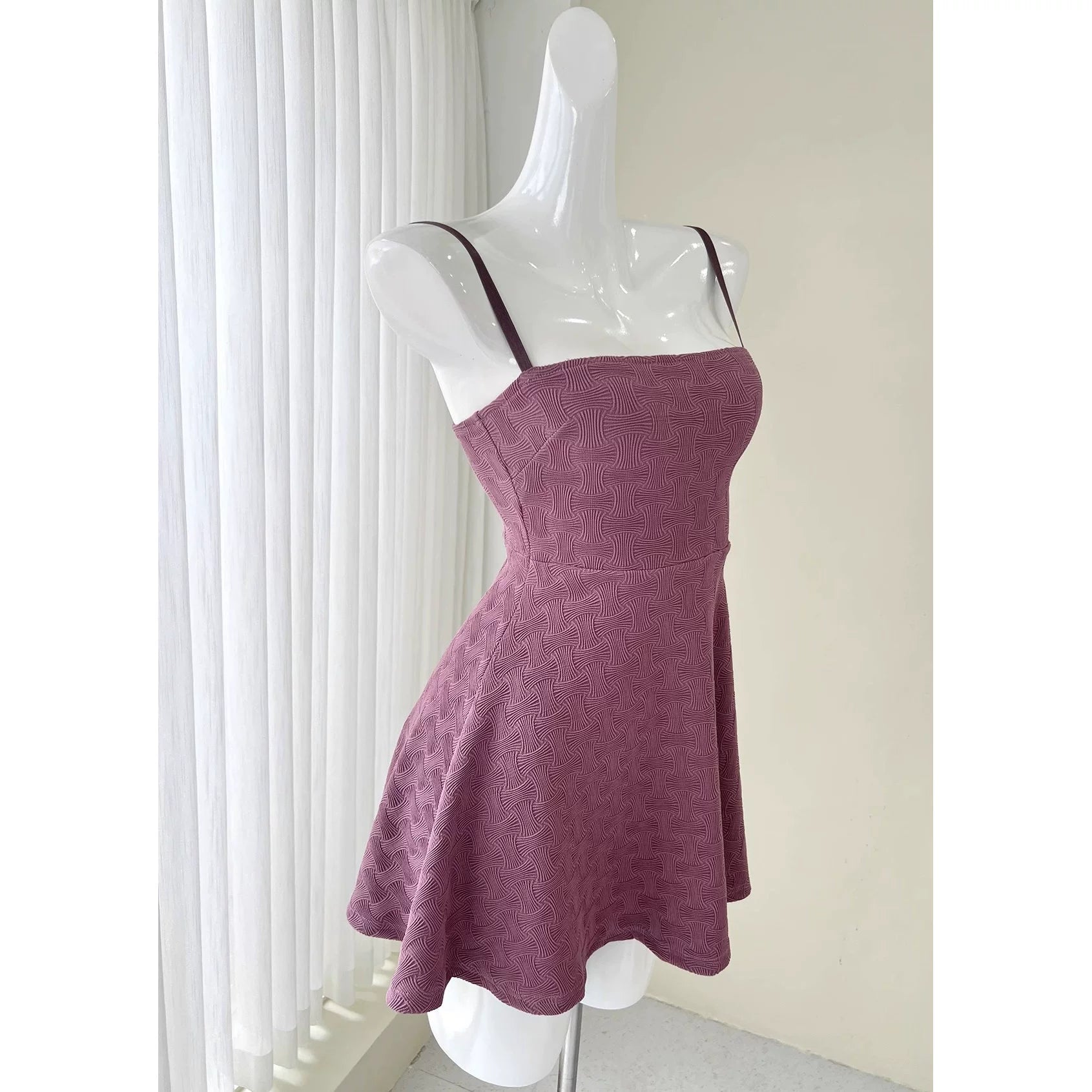 purple off-shoulder cinched waist A-line mini dress
