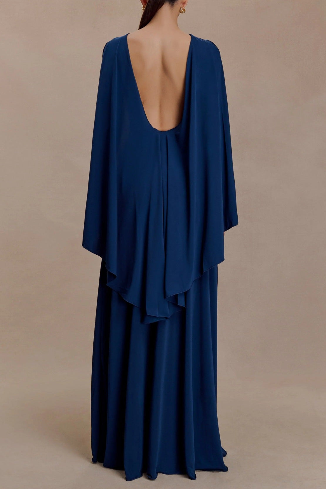 navy open back cape pleated maxi dress